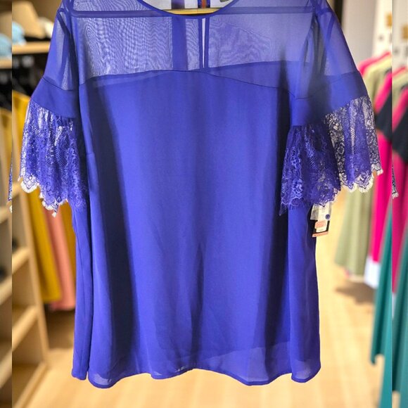 Worthington Blue Blouse NWT Size 2X – Sheer Lace Sleeve Top - Picture 3 of 11